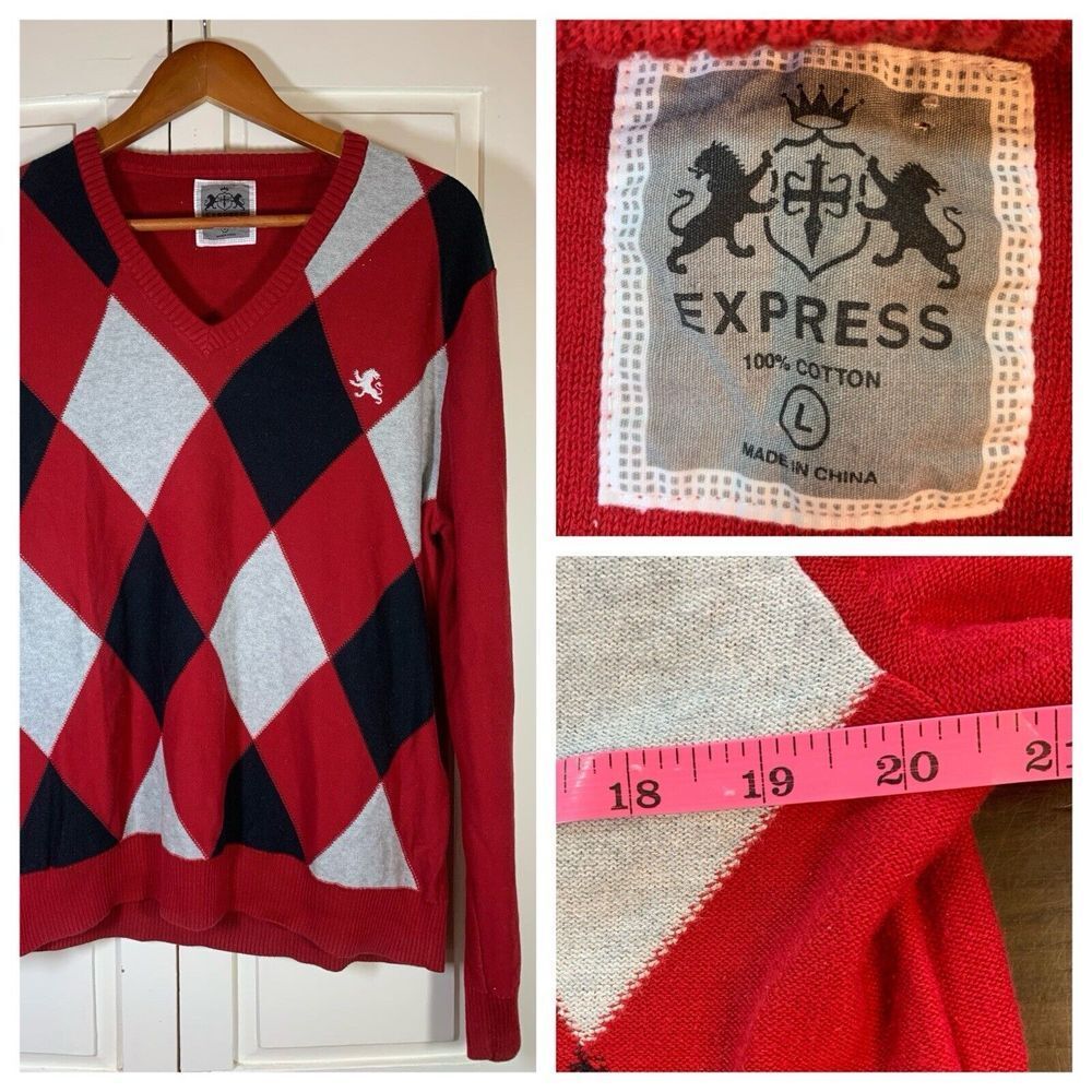 Express Sweater Men's Size Large Argyle Preppy Logo Money School Country Club